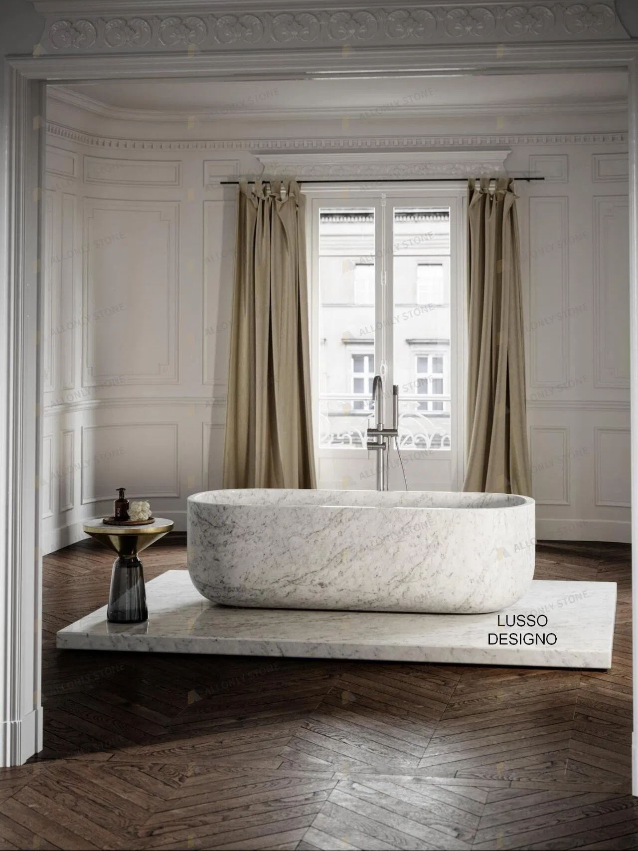 Luxury Custom Shape Round Oval Hand Craved Italy Natural Stone Free Standing Carrara White Marble Bathtub