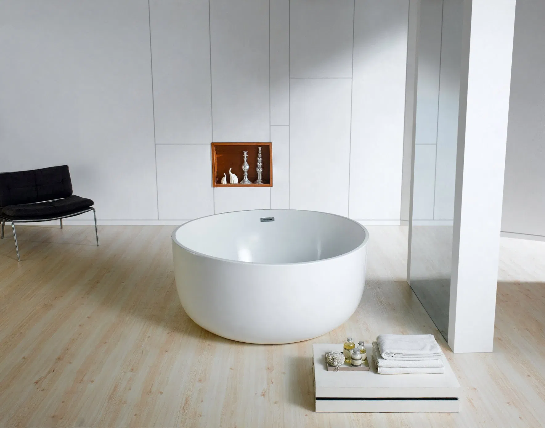 Bathrooms Matt White&Glossy White Round Freestanding Acrylic Bath Tub with Brushed Gold, Brushed Gun Metal Floor Mounted H59 Brass Tap Shower Mixer