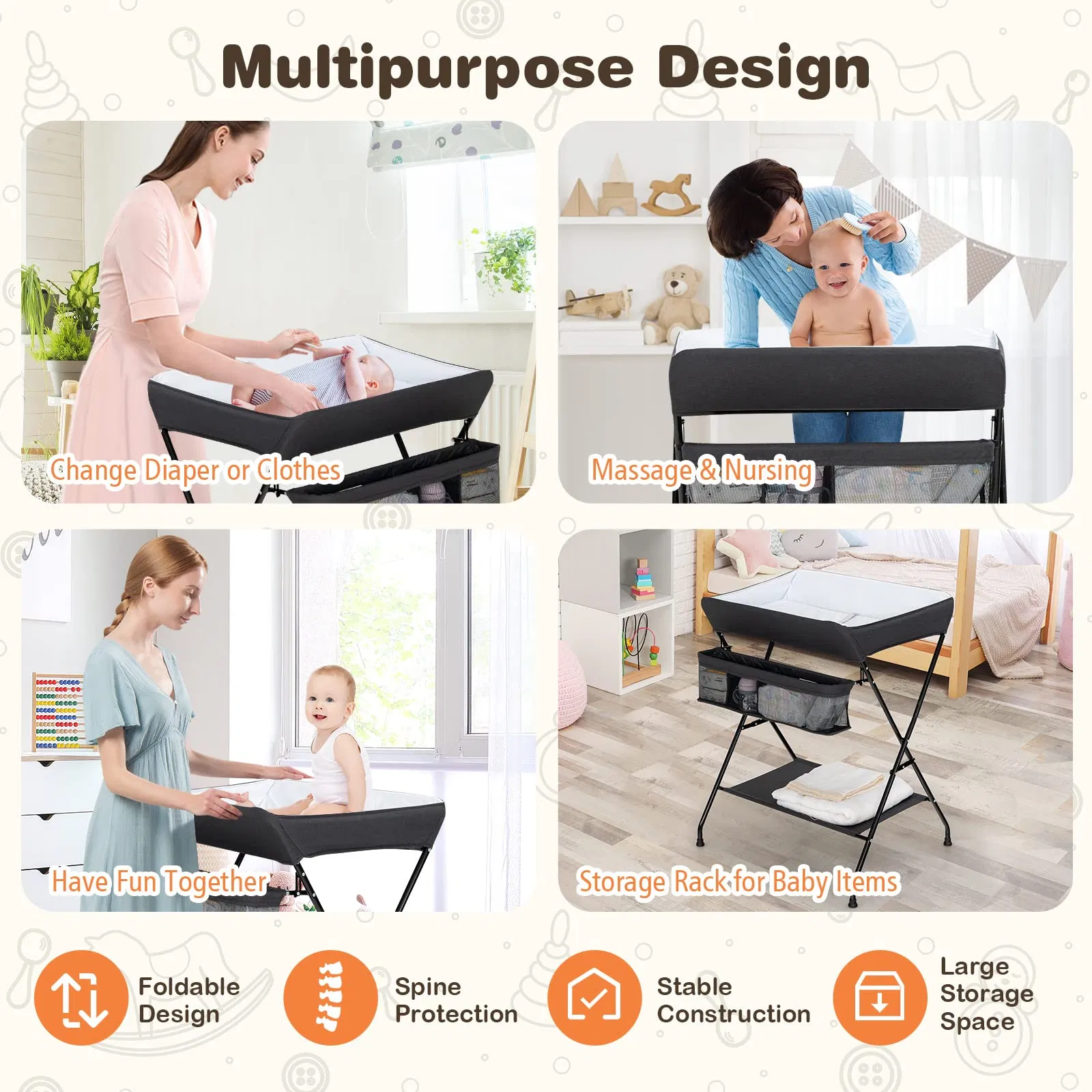 Folding Diaper Station Nursery Organizer Dark Gray Baby Changing Table
