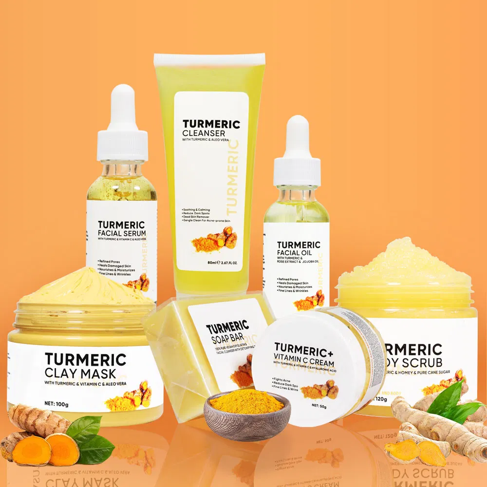 Custom Logo Turmeric Clay Mask Facial Serum Oil Soap Bar Face Cream Body Scrub Skincare Set