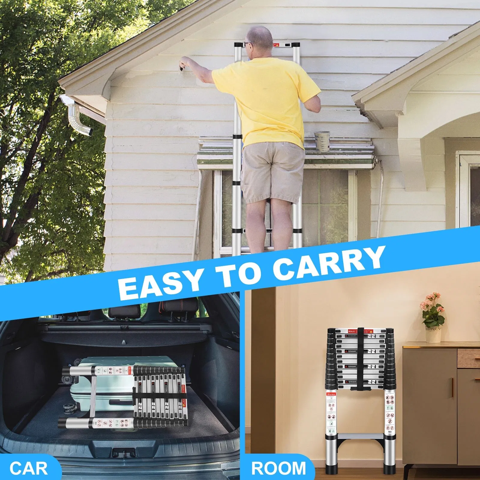 Aluminum Telescopic Straight Ladder Regular Model with Balance Bar + Wheels + Yellow Foot Pad + Hook