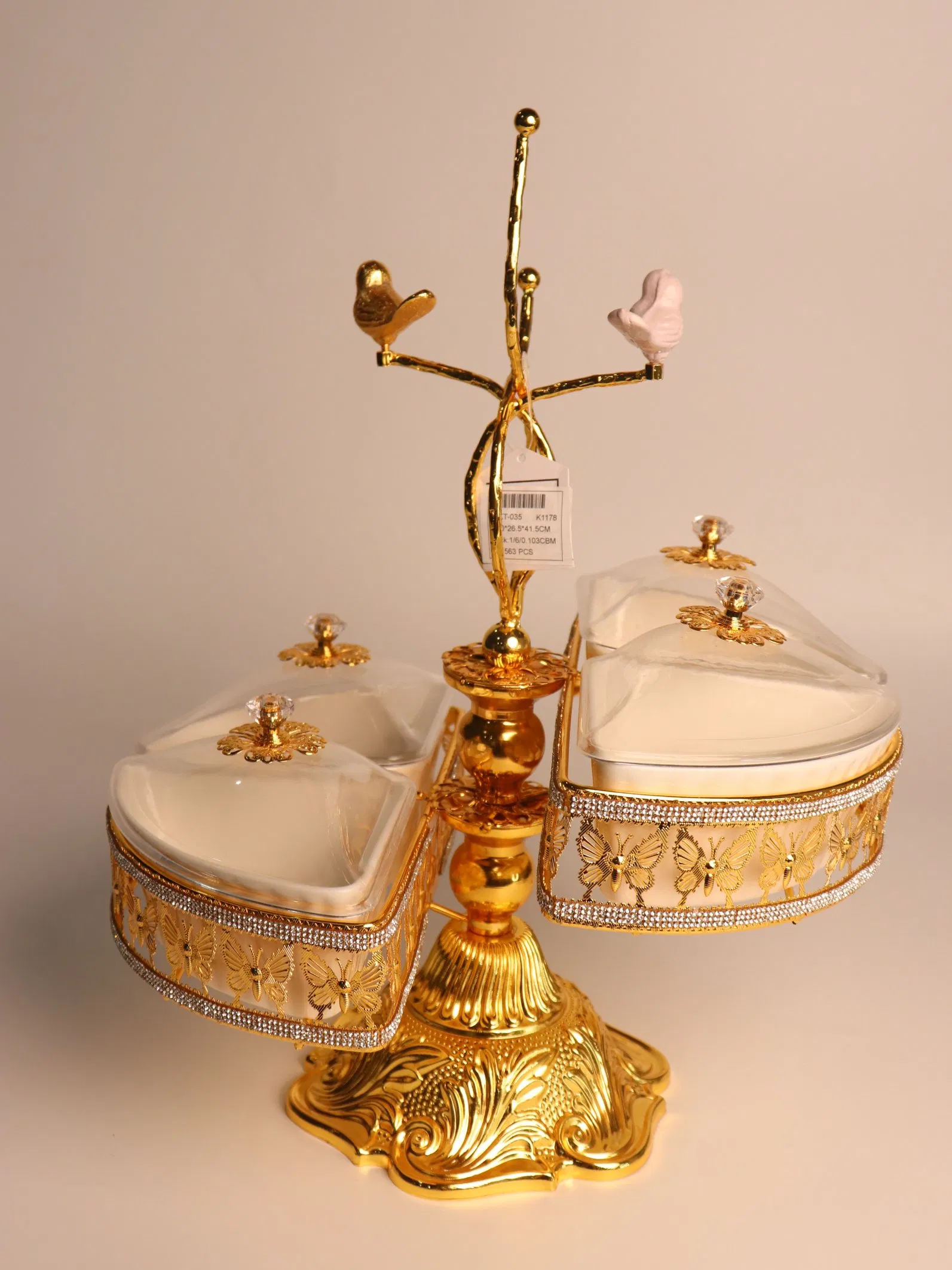 Home Ornament Gold-Plated Iron Frame with Large Size Four-Panel Ceramic Bowl