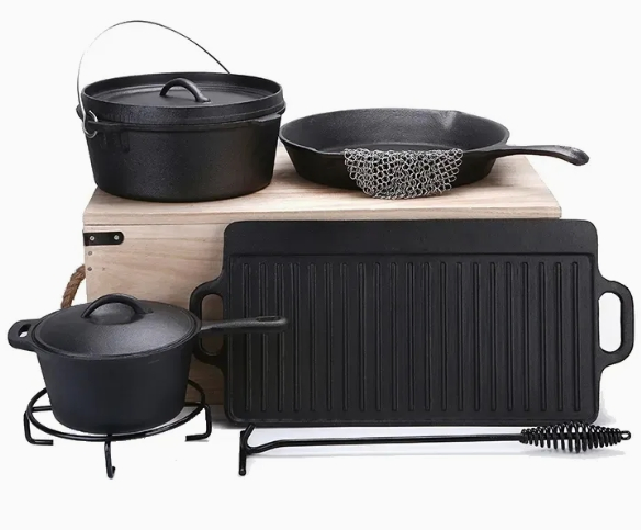 High Quality Outdoor Camping Cooking Set 7 Pieces Heavy Duty Cast Iron Camping Cookware with Carrying Storage Box