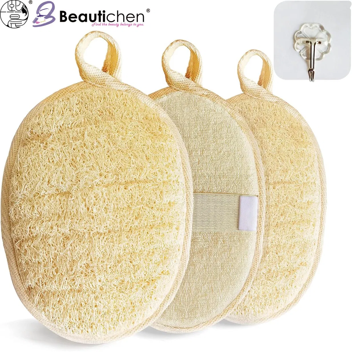 Beautichen Natural Loofah Bath Sponge Pad – Exfoliating Shower Scrubber with Hanging Loop & Hook for Deep Cleansing, Gentle Body Scrub & Skin Care