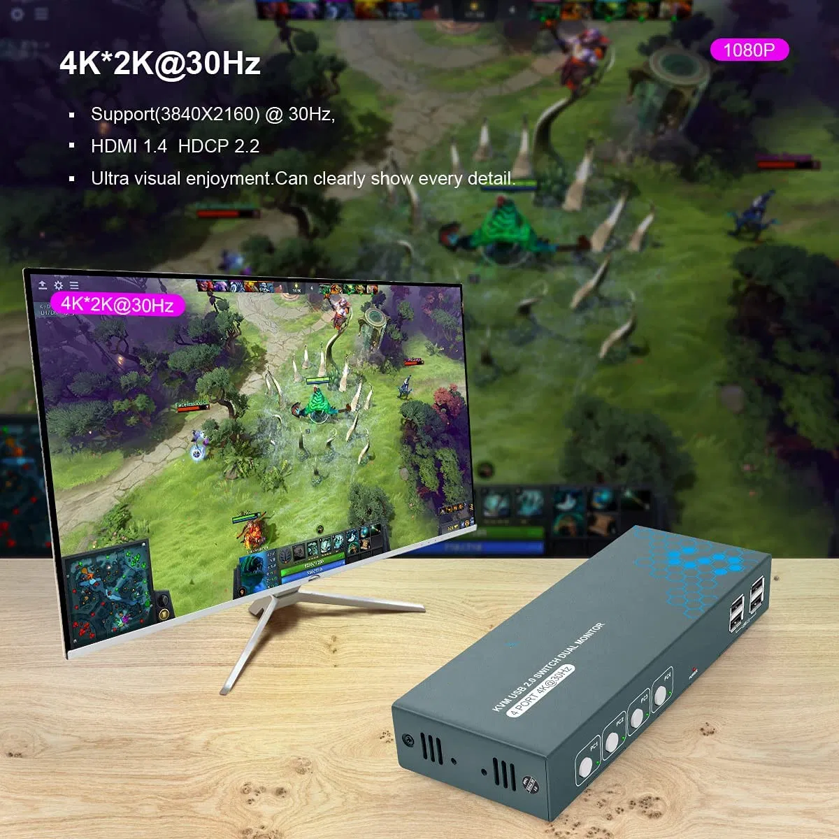 KVM-переключатель 4 порта HDMI 4K@30Hz, 4 входа 2 выхода