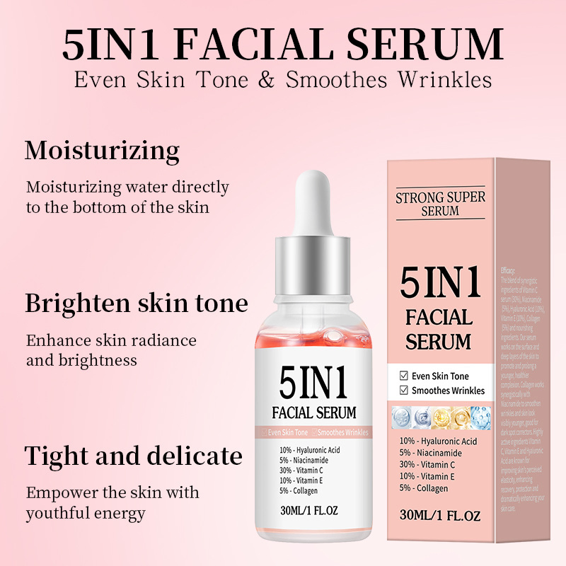 Hot Sale 5 in 1 Facial Serum with Vitamin C, Vitamin E, Hyaluronic Acid, Niacinamide & Collagen
