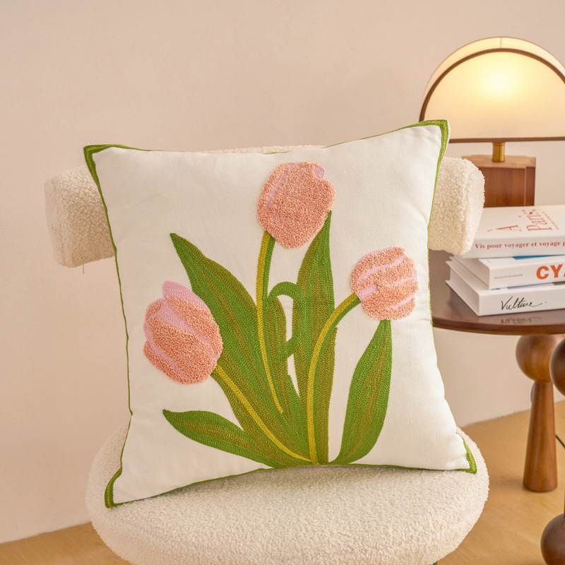 Outdoor Boho Farmhouse Embroidery Flowers Jacquard Cushion Cover for Summer Spring Garden