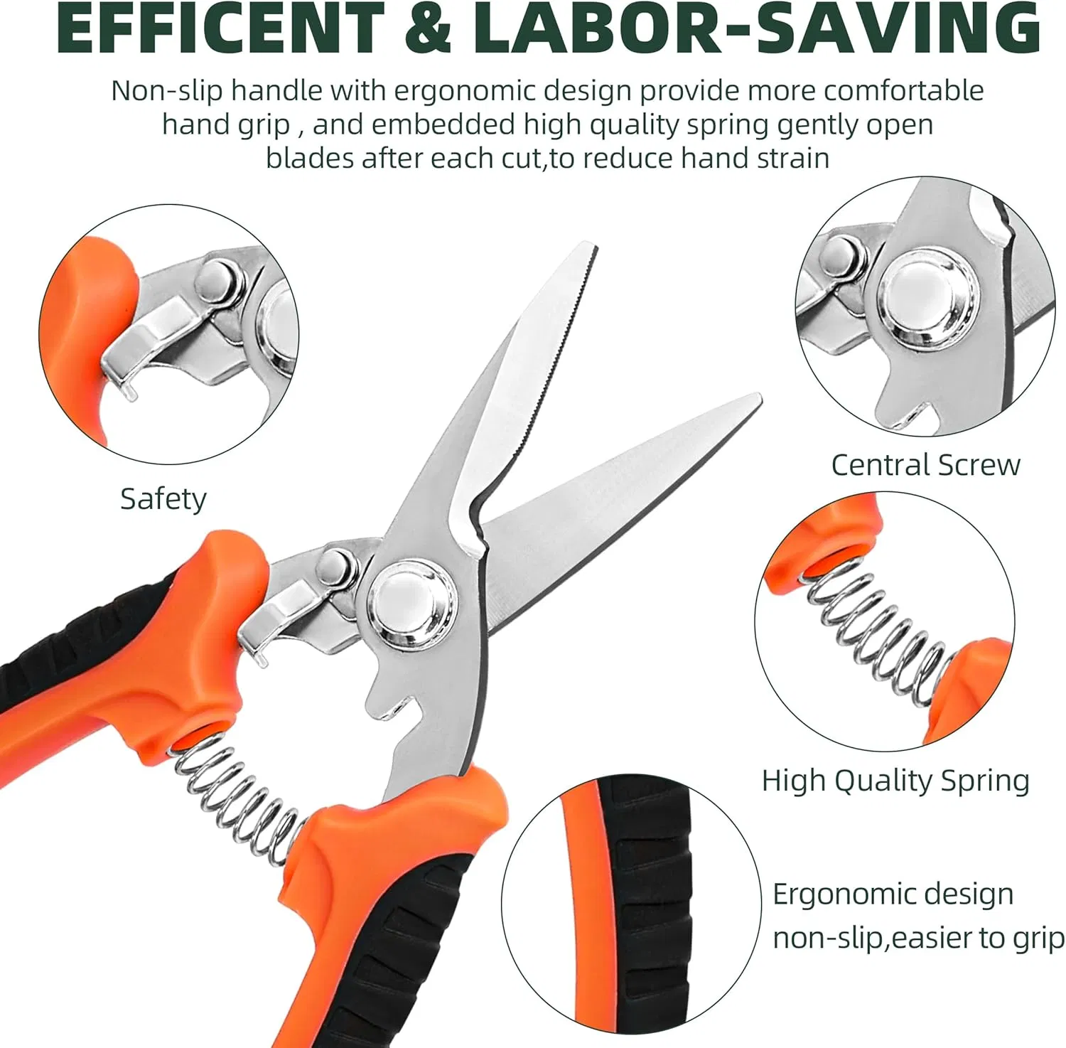 6.5 Inch Gardening Scissors Hand Pruner Pruning Shear with Straight Stainless Steel Blades Orange