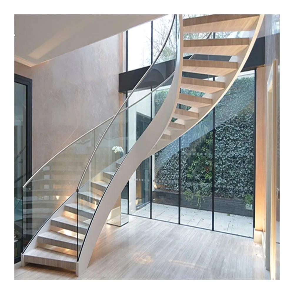 Prima Modern Indoor Steel Stringer Wooden Treads Curved Staircase Design
